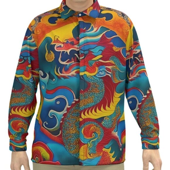 Dragon Cotton Dress Shirt Mens Large Extra Large Vibrant XL Gift Mans Club Party - Picture 2 of 9